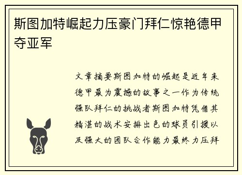 斯图加特崛起力压豪门拜仁惊艳德甲夺亚军