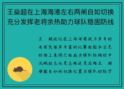 王燊超在上海海港左右两闸自如切换充分发挥老将余热助力球队稳固防线